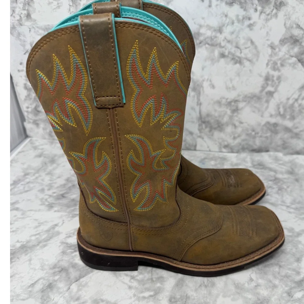 Ariat Fatbaby Western Boots Brown Leather Square Toe Turquoise Trim festival -7
